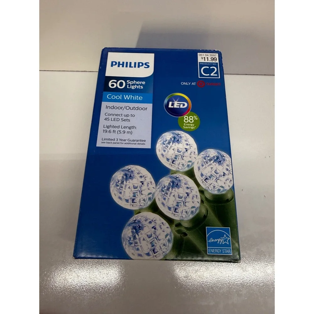 Philips 60 LED Sphere Lights Cool White Indoor Outdoor 19.6ft 051043597